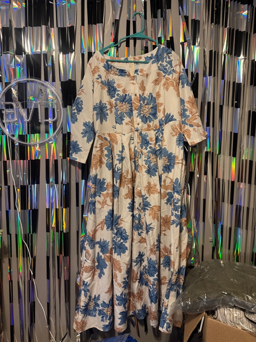 Floral Midi Dress in Blue and Tan